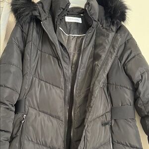 Calvin Klein Women's Charcoal Puffer Coat with Faux Fur Hood